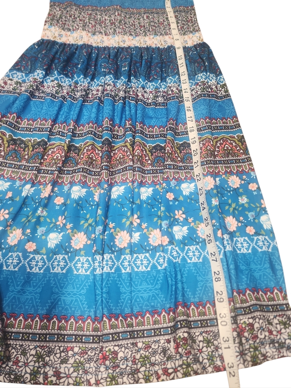 Blue Strapless Floral Boho Print Smocked Sundress. XL - Picture 8 of 10